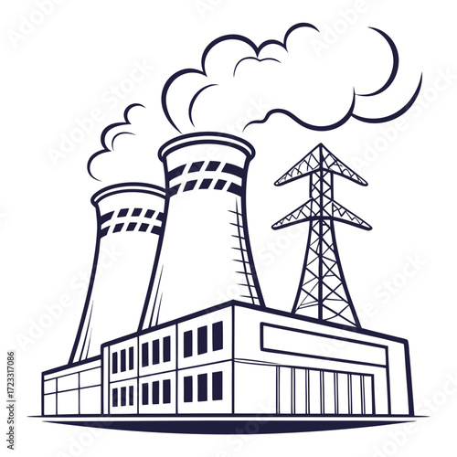 Industrial power plant with cooling towers emitting steam and a high voltage electricity pylon in the background