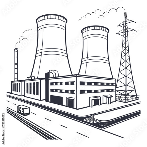 Industrial power plant with cooling towers chimney and transmission tower on a road with a vehicle