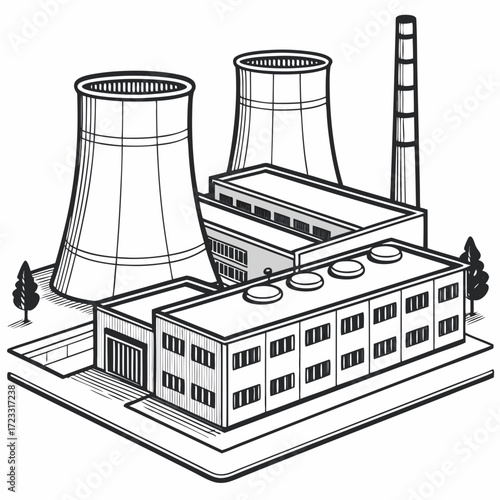 Isometric illustration of a modern industrial power plant with cooling towers and a tall smokestack against a white background