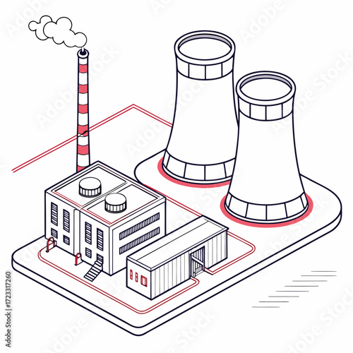 Isometric illustration of a power plant with cooling towers and a smoking chimney emitting white clouds