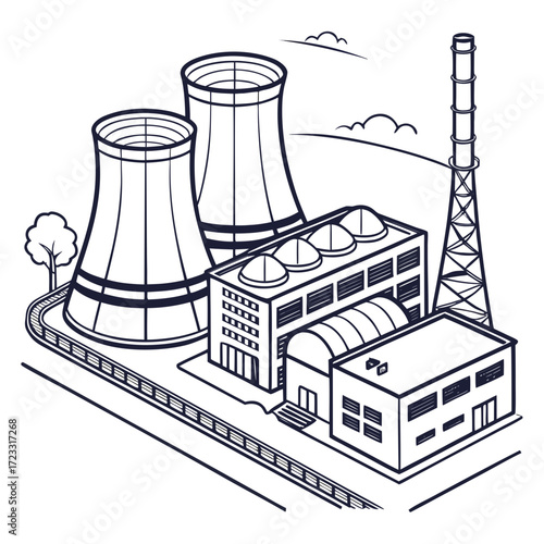 Isometric illustration of a modern industrial power plant with cooling towers and smokestack against a sky background