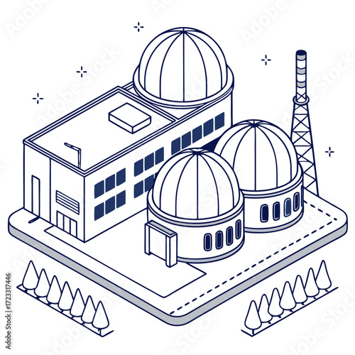 Modern astronomical observatory with domes and a tall tower in isometric view
