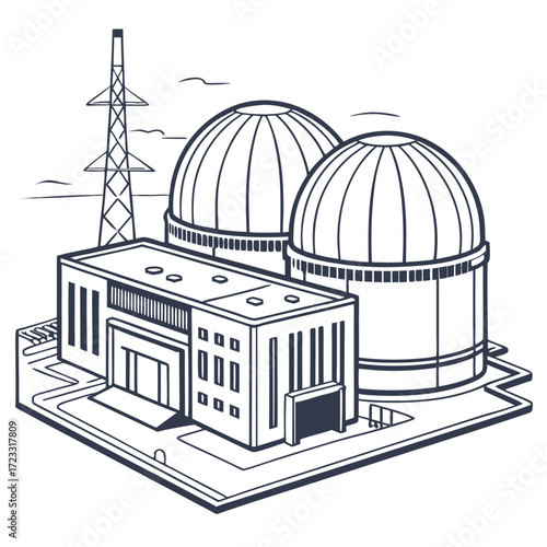 Modern nuclear power plant with cooling towers and transmission tower in a clean line art style