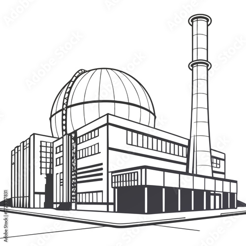 Modern nuclear power plant building with a large dome and tall smokestack in a clean line art style