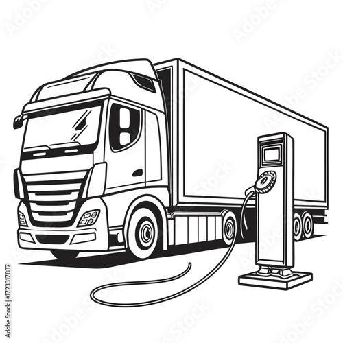 Modern semi truck connected to a charging station illustrating electric vehicle transportation and sustainable logistics