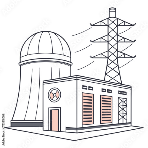 Stylized illustration of a nuclear power plant cooling tower and electrical substation with transmission tower