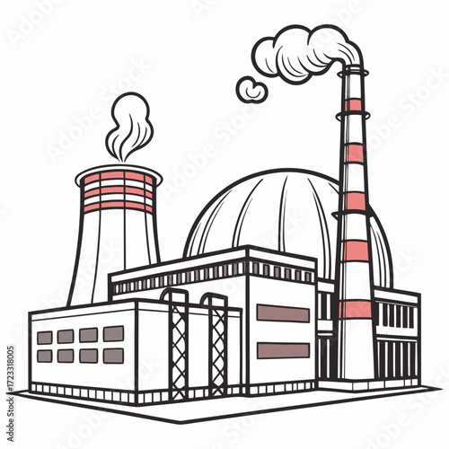 Stylized illustration of a nuclear power plant with cooling towers and a containment dome emitting steam