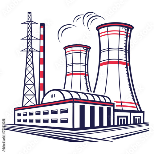 Stylized illustration of a power plant with cooling towers a smokestack and transmission tower emitting steam