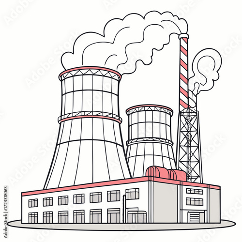 Stylized illustration of a power plant with cooling towers and a smokestack emitting steam against a white background