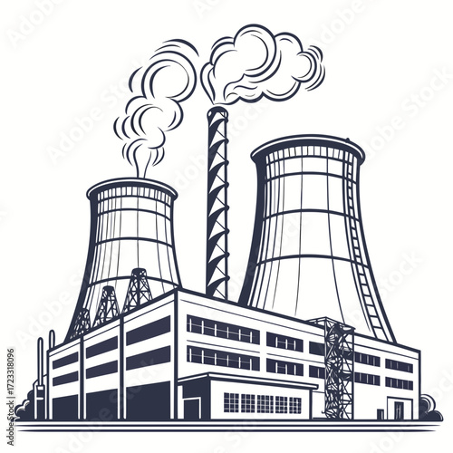 Stylized illustration of a power plant with cooling towers and smoke plumes rising from a chimney