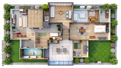 Aerial view of a modern luxury house floor plan