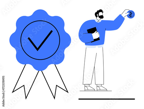 Blue badge with check mark alongside a man holding a file and presenting a dollar element. Ideal for certification, success, professionalism, finance, trust, achievement, and goal setting. Simple