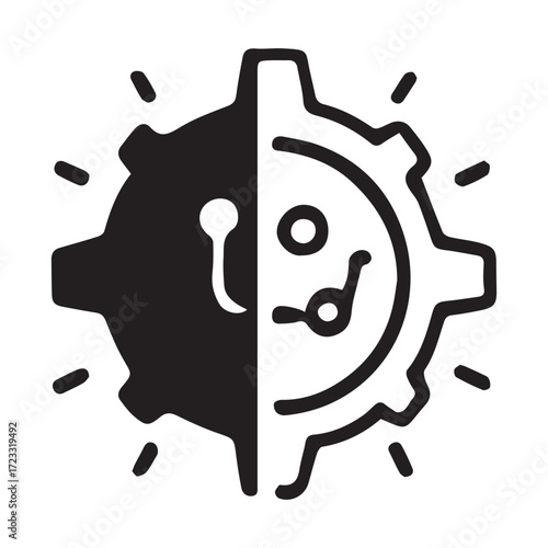 Minimalist Vector Art Depicting a Cogwheel Enclosing a Network of Electronic Connections, Highlighting the Integration of Mechanics and Computing