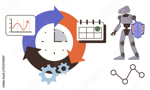 Circular arrows surrounding a clock, robot holding shield, calendar, and analytics chart. Ideal for automation, workflow efficiency, robotics, AI, time management business strategy simple flat