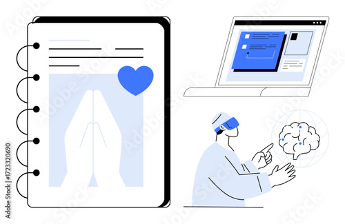 Prayer gesture notebook, laptop with software interface, and person using virtual reality interacting with a brain model. Ideal for health, innovation, VR, mindfulness, research, education data