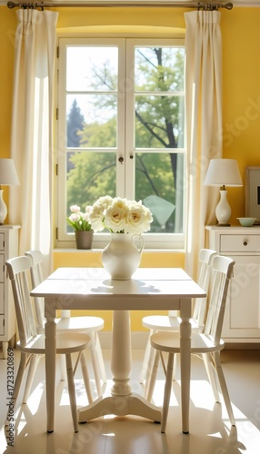 Wallpaper Mural A white table with four white chairs, a white vase with white flowers, a white cupboard, and two white lamps in a yellow room Torontodigital.ca