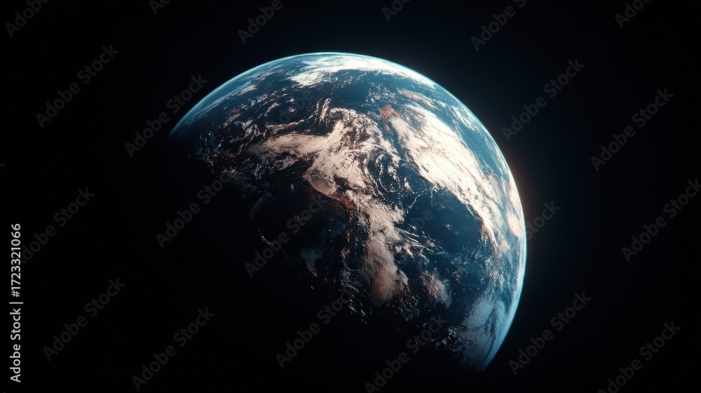Obraz premium Earth viewed from space showcasing distinct continent outlines and swirling cloud formations against the dark cosmic bac