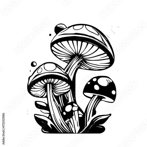 Illustration of mushrooms in black and white