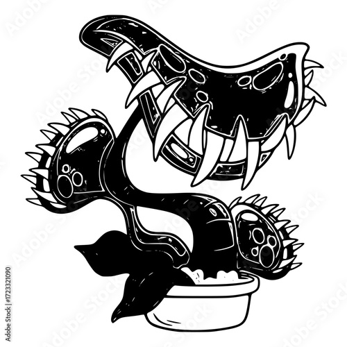 Illustration of carnivorous plant in black and white