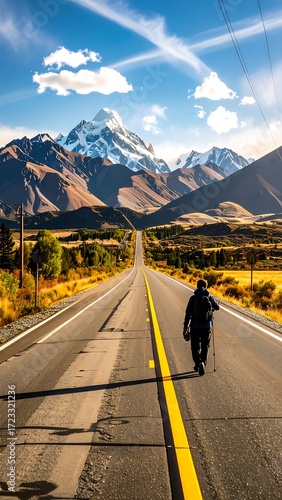 A lone hiker walks a paved road toward majestic mountains