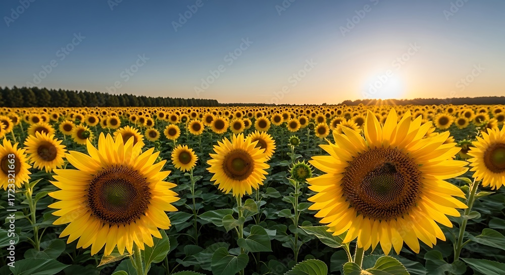 Fototapeta premium Vibrant Sunflower Field at Sunset with Golden Light.