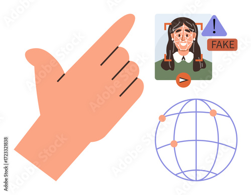Hand stopping fake AI-generated face in recognition software with alert icon and video symbol alongside global network lines. Ideal for AI ethics, fraud detection, cybersecurity, misinformation