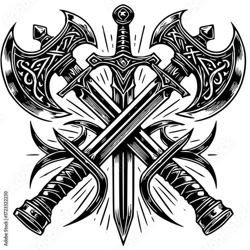 Crossed swords and axes