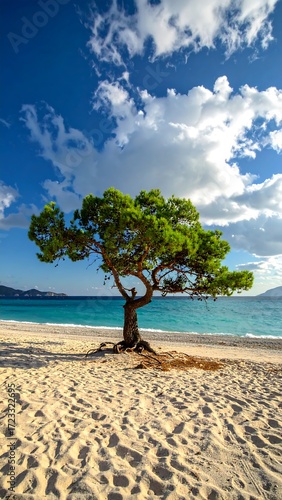 A lone pine tree on a pristine beach