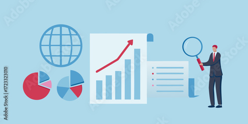 Business analytics and financial data analysis with charts graphs and a magnifying glass