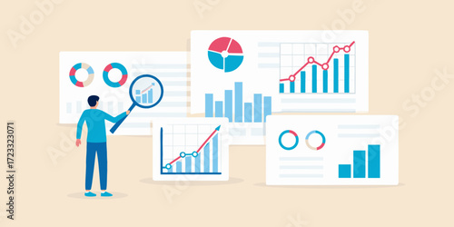Man examining financial charts and graphs with a magnifying glass representing data analysis and business growth