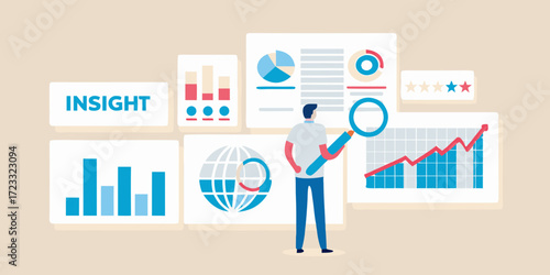 Man analyzing data charts and graphs with magnifying glass for business insight and growth