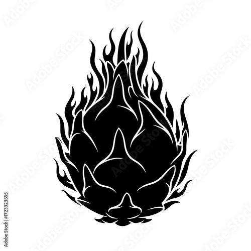 Dragon fruit silhouette with flames isolated on white background