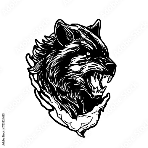 Side view of a snarling werewolf head