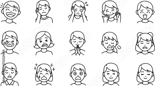 set of 10 outline web feelings icons such as funny human, exhausted human, silly human, sore blessed scared pretty vector icons