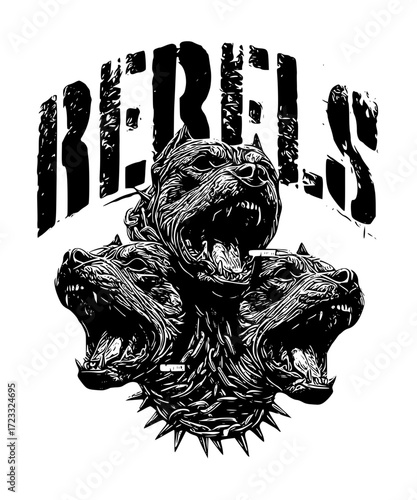Three headed dog, rebels illustration