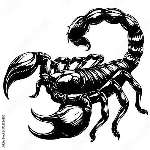 Detailed black and white illustration of a scorpion