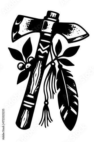 Tomahawk with feather and leaves in black ink