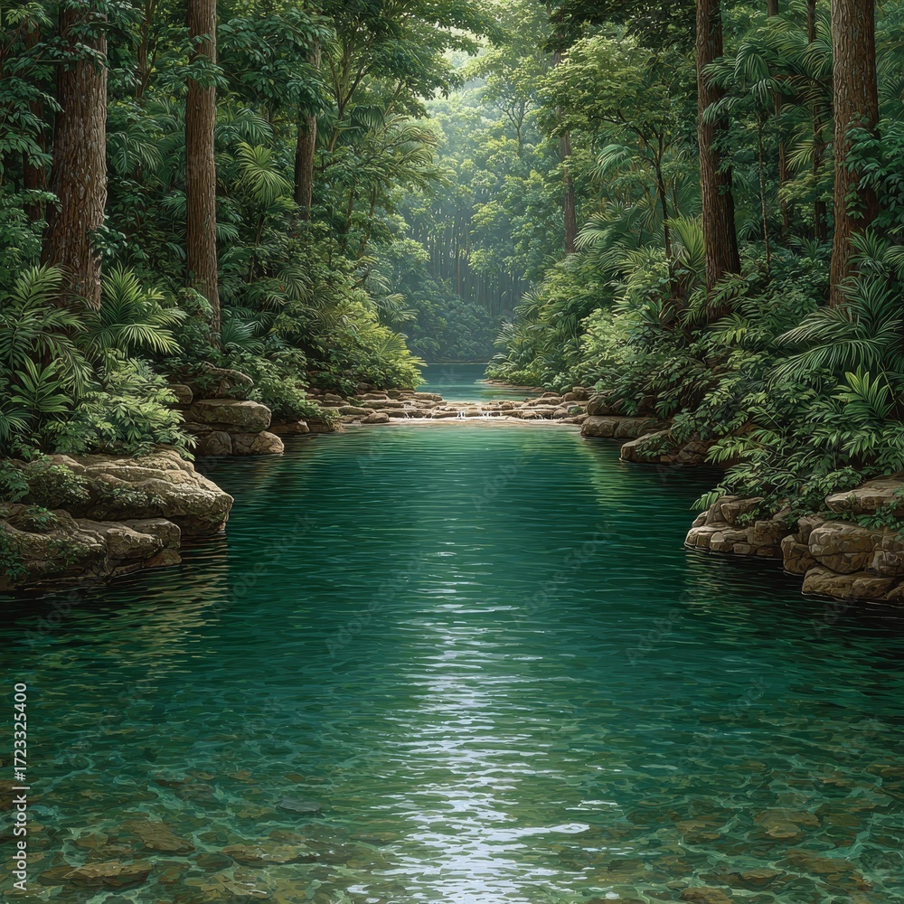 Naklejka premium Hidden river adventure in lush jungle nature scene peaceful green environment serene viewpoint