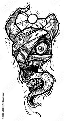 Monster, a terrifying creature with horns and teeth
