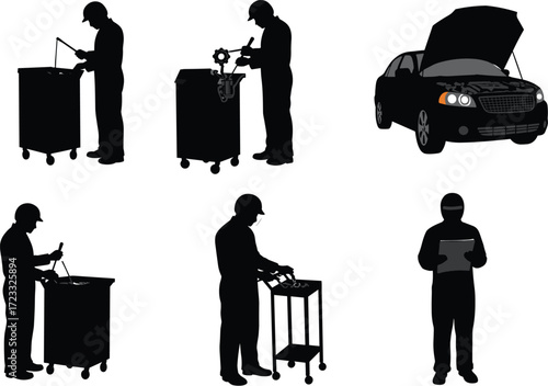 Silhouette of a car mechanic working on a vehicle and using various tools in different poses.