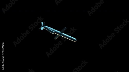 A combat rocket is flying in a dark night sky. Concept: missile attack. Missile isolated on black background. Cruise missile flying. Missile attack.