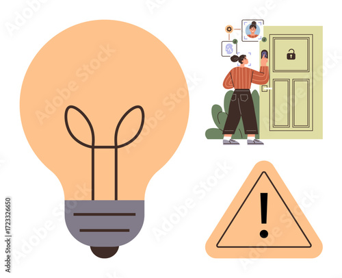 Large light bulb, person using facial recognition for secure access to locked door, warning triangle. Ideal for security, innovation, access control, smart tech, safety creativity and ideas. Simple