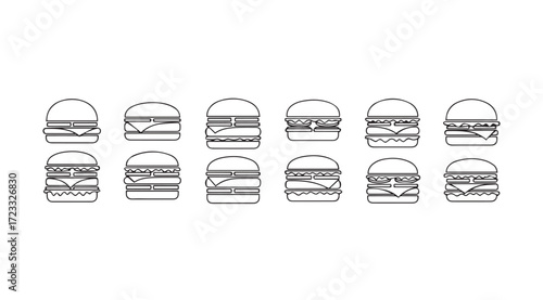 Collection of simple outline burger icons in a row silhouette