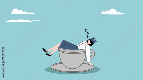 businesswoman fast asleep in a large coffee cup vector illustration. time to take a break concept. coffee break time to relax and refresh from long stress. exhausted worker relaxing in big coffee cup