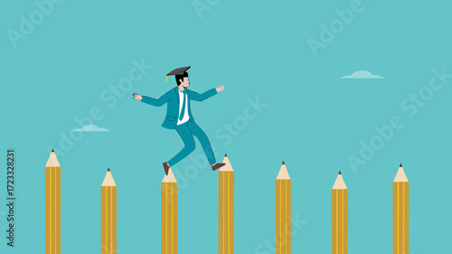 journey to reach higher education, motivation to study harder, cost to graduate high degree education, the way to achieve high education, man crosses the pole from pencil to educational success