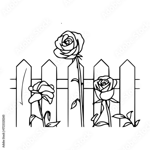 flower garden with wooden fence line art
