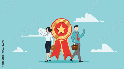 Professional or expert, success employee and win award, employee of the month, best office worker, specialist skill to achieve goal, success professional businessman and woman stand with star award