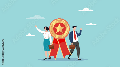 Professional or expert, success employee and win award, employee of the month, best office worker, specialist skill to achieve goal, success professional businessman and woman stand with star award