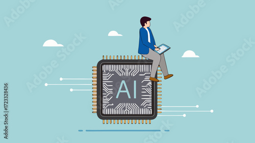 work with AI, artificial intelligence adaption, AI technology helping or support success work, smart businessman working while sitting on AI chip