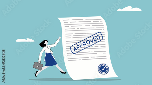 business paperwork approval, Paper Document with Approved Seal Stamp, happy businesswoman with document approve illustration suitable to describe about request accept or legal certified document